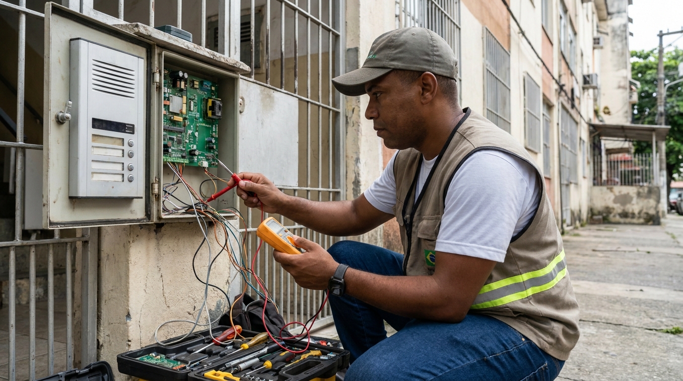 Eletricista consertando interfone em Americana‑SP
