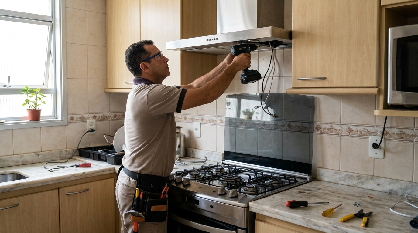 Eletricista instalando coifa em Americana‑SP