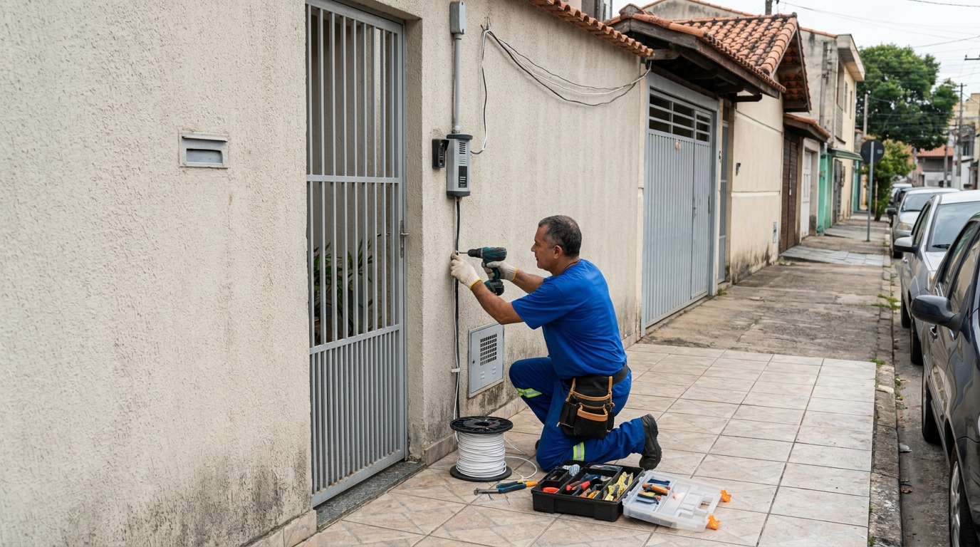 Eletricista instalando interfone em Americana‑SP