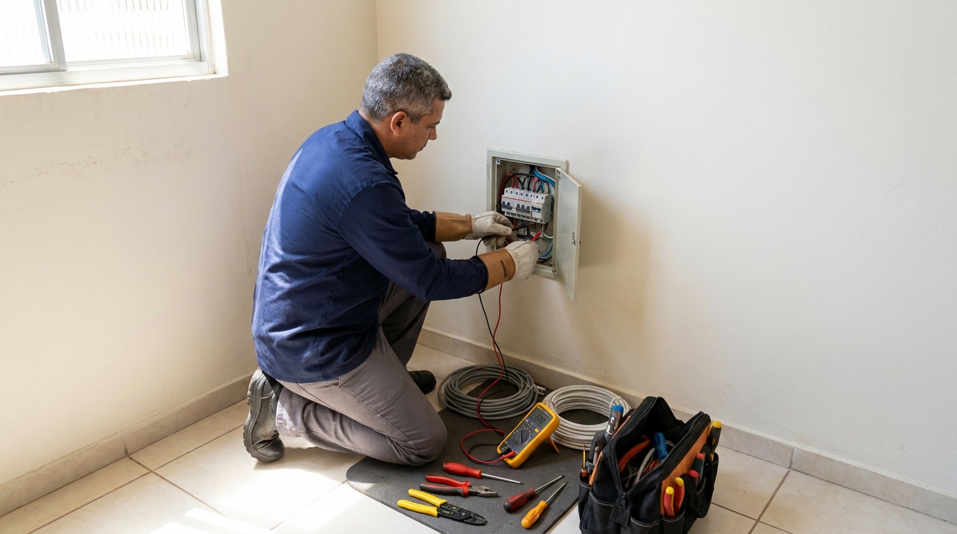 Eletricista realizando manutencao em Americana‑SP